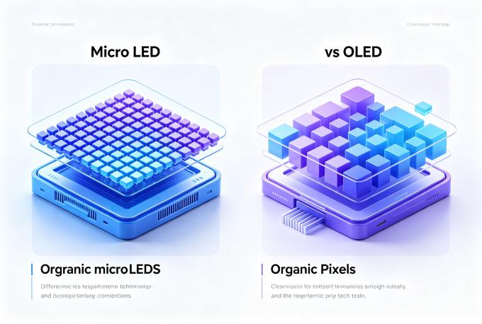 Figure 1: Side-by-side comparison of Micro LED (inorganic) and OLED (organic) pixel structures showing the fundamental material differences