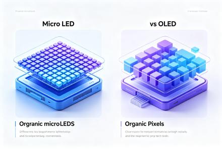 Figure 1: Side-by-side comparison of Micro LED (inorganic) and OLED (organic) pixel structures showing the fundamental material differences